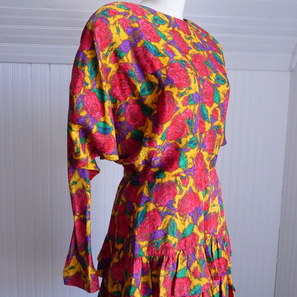 Fun wild vintage 90s Silks by St. Gillian floral silk ruffle skirt party dress - Picture 4 of 8